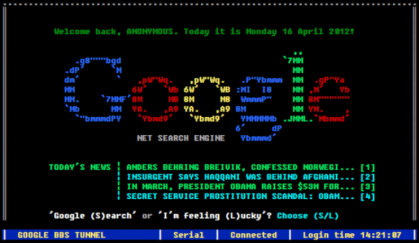 Screenshot of Google BBS Terminal