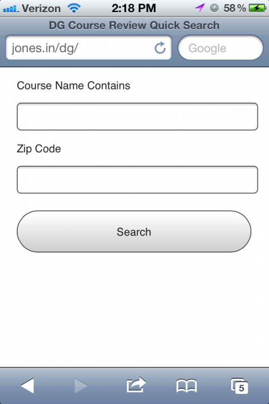 Screen shot of DG Course Review Quick Search in Mobile Safari