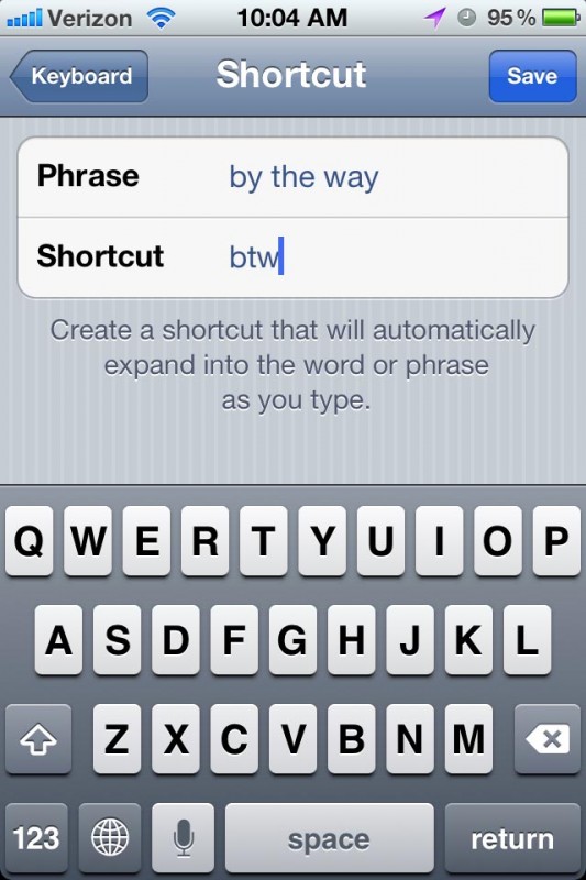 Add a new shortcut screen