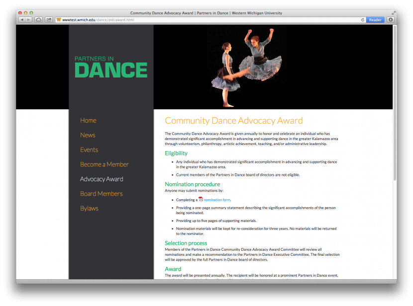 Screenshot of WMU Partners in Dance website.