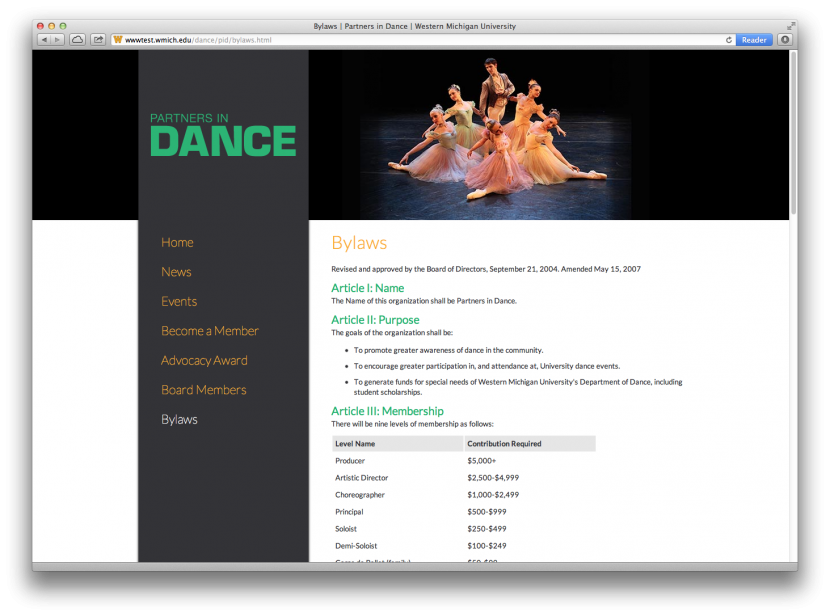 Screenshot of WMU Partners in Dance website.