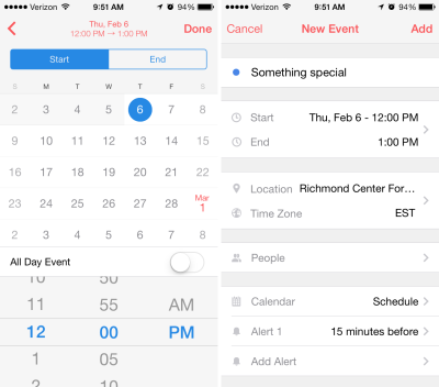 Sunrise calendar app screenshots for adding events