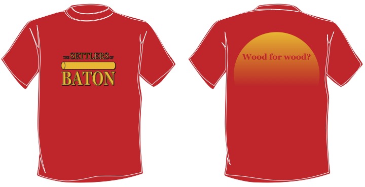 A mockup of The Settlers of Baton t-shirts.