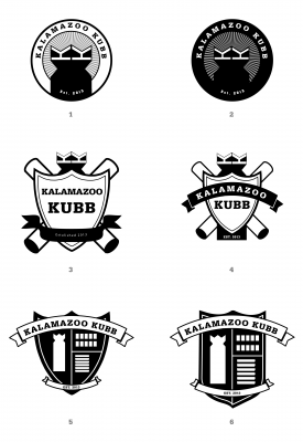 The six logos presented to the Kalamazoo Kubb club members.